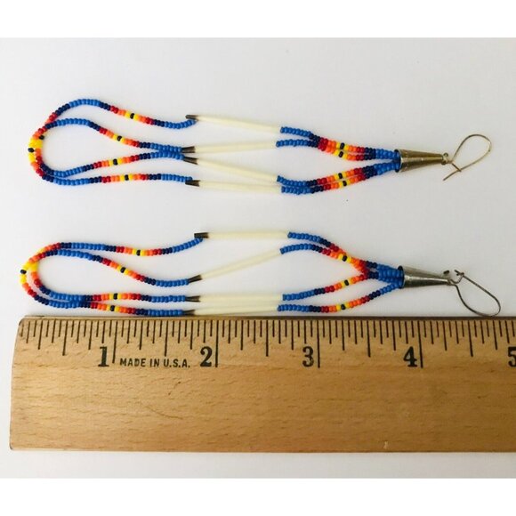 Beaded Dangle Earrings Seed Beads Handmade Hooks Native American Blue Orange - Picture 5 of 5